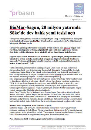 BioMar-Sagun, 20 Milyon Yatırımla Söke’de Dev Balık Yemi Tesisi Açtı